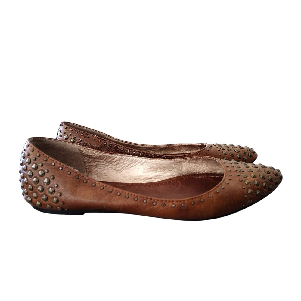 Frye Regina Brown Leather Studded Pointed-Toe Ballet Flat Shoes Women's 8M